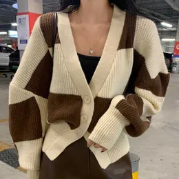 Kadın Sweaters Vest Kadınlar Örme Sökümler Leisure Allmatch Gevşek Zarif Sweater Satranç Ekose Vintage Vhals Uzun Kollu Şık Top Güz J220915