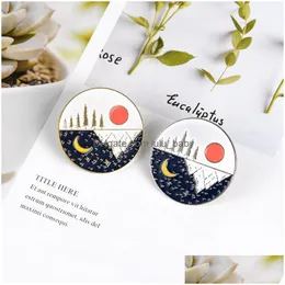Pins Brooches Cartoon Round Gold Sier Plated Brooches For Women Paint Lapel Pins Funny Mountain Peak Moon Sun Day And Night Badges Dhqdx