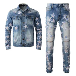 Ljusblå spårsräder rippade hål mäns jeans sätter våren höststjärna lapp långärmad denimjacka matchande stretch mager byxor mode slim conuntos de hombre