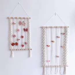 Arazzi Bastone di legno Appeso a parete Espositore Nordic Boho Macrame Fermagli per capelli Porta fermagli per capelli Nappa intrecciata Organizzatore per fascia