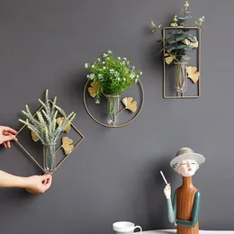 Vases Wallmounted Vase Home Decor Hanging Flower Vase Wall Decor Hydroponic Planters Living Room Decoration Modern with Iron Frame 221126