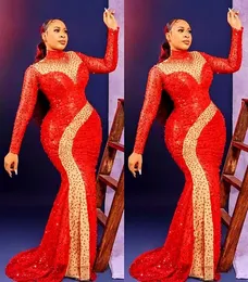 Plus Size Arabic Aso Ebi Red Luxurious Sparkly Prom Dresses Beaded Sequined Mermaid Evening Formal Party Second Reception Gowns Dress 2022
