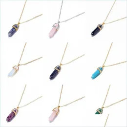 Pendant Necklaces Fashion Hexagonal Column Quartz Necklaces Pendants Gold Chain Natural Stone Crystal Pendant Necklace For W Dhgarden Dhrxp