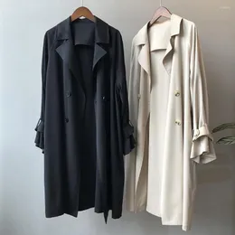 Dam trenchcoats Dam Vindjacka Enfärgad Långärmad Nedfällbar krage Midi Längd Casual Knappar Bälte Elegant Höstrock För