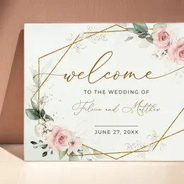 Party Decoration Boho Greenery Wedding Welcome Sign Template with Pink Roses Custom Entrance mariage 221128