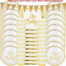 Stoviglie usa e getta 31 pezzi Oh Baby Shower Articoli per feste Set da tavola Piatti di carta compleanno oro Tazza Ragazzo Ragazza Genere Rivela Decorazione 221128