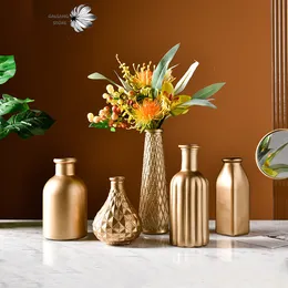 Vases Modern Minimalist Home Living Room Entrance Gold Glass Vase Light Luxury Wind Desktop Flower Container Decorations Ornaments 221126