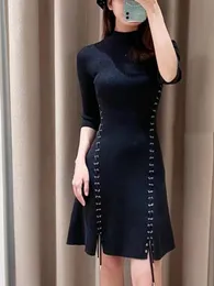 Casual Dresses Autumn Winter Maj Half Turtleneck Solid Color Slit Laceup Women Knit Slim Mini Dress 221126