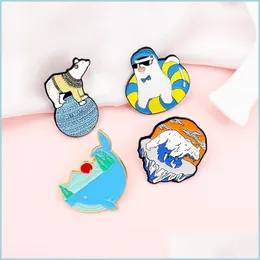 Pins Brooches Fashion Animal Brooches Pins Sunset Whale Polar Bears And White Cat Sitting On The Swimming Circle Hat Badge Dhgarden Dhqlk