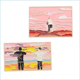 Pins Brooches Luxury Enamel Brooch Pin Rec Sunset Scenery Two Boys Hing Pattern Oil Painting Badge Clothes Jeans Pins Jewel Dhgarden Dhbfv