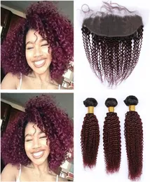 Wine Red Ombre Kinky Curly Peruvian Virgin Human Hair 3Pcs Bundles with 13x4 Frontal Closure 1B99J Burgundy Ombre Lace Frontal w2530511