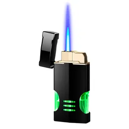 Vindtät cigarettändare Metall LED Blue Flame Jet Lighter Butangas Påfyllningsbar Röktändare Nya presentprylar