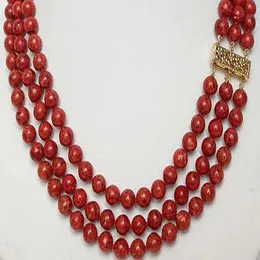 Oszałamiająca oryginalna biżuteria 3Row 8 mm czerwony naszyjnik koralowy 18 cali