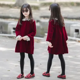 Girl's Dresses Fall Children Retro Baby Princess Party Frocks Girls Winter Dress Wine Red Velvet Kids Clothes Lace Long Sleeve 221125