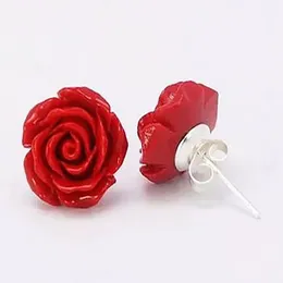 Fashion Jewelry 10mm Coral Red Rose Flower 925 Sterling Silver Earrings