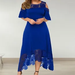 Plus Size Dresses Women Dress O-neck Flare Short Sleeve Cold Shoulder High-Waist Embroidery Lace Patchwork Hem Party Outfit