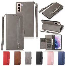 Wallet telefoonhoesjes voor Samsung Galaxy S21 S20 Note20 Ultra Note10 plus vaste kleur PU lederen Flip -standaardkoffer met rits muntbeurt