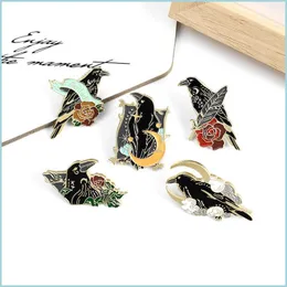 Pins Brooches Crow Raven Enamel Pin Custom Bird Feather Brooches Moon Flowers Bag Lapel Punk Badge Gothic Jewelry Gift For Dhgarden Dh2Yn