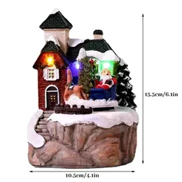 Dekorativa föremål Figurer Julscenen Snöig byhus med LED -ljus Musikalisk roterande jultomten 221129