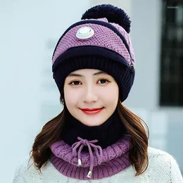 BERETS 3 PCS/SET Vinter stickade hattar för kvinnor med andning slöja hatt päls lägg till varm tjej 2in1 fodrad skyddslock klassiker