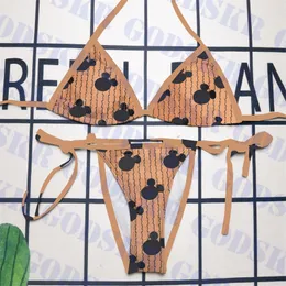 Cartoon Printed Bikini Triangle Swimsuit Letter Logo Swimwear For Women Brown Bathing Suit Holiday Girls Swim Wear