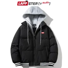 Mens Down Parka LAPPSTERYouth Men Fake Two Pieces Harajuku Puffer Jacket Kpop Fashion Hooded Winter Male Patchwork Bubble Coat 221129