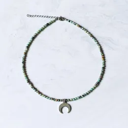Choker Retro Charm Natural Africa Turquoise Black Agate Moonstone Beaded Collar High Quality Stainless Steel Moon Pendant Jewelry