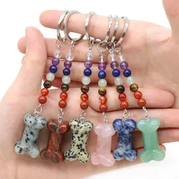 Colorful Carving Engraved Bone Key Rings 7 Colors Chakra Beads Chains Stone Charms Keychains Healing Crystal Keyrings for Women Men