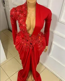 Red Aso Ebi Ebi с длинным рукавом русалки вечерние платья с перьями цветочные платья для выпускных