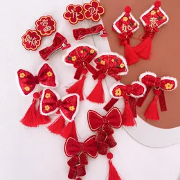 1 paio di stile cinese capodanno rosso festivo ricamo bowknot nappa forcine per bambini moda dolce ragazza accessori per capelli per bambini