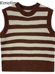 Women's Sweaters Kimotimo 2022 New Striped Sleeveless Sweater Vest Autumn Round Neck Hit Color Knitted Tops Korean Style Retro All Match Sweater J220915