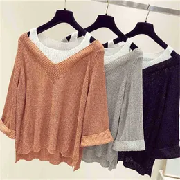 Kadın Sweaters Sahte iki parça seksi offshoulder kazak kadın uzun kollu gevşek tembel derinlik süveter kadınlar bahar j220915