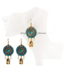 ダングルシャンデリアクラシックラウンドゴールドカラーベルズ部族Jhumka Dangle Earrings Womens Vintage Turkey Blue Beads Tassel Earring Drop Dh9ye