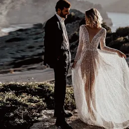 Sexy Illusion Boho Hochzeitskleid A-Line V-Ausschnitt ￄrmel Brautkleider R￼ckenfreier Strand Brautkleider Pailletten Perlen Beach