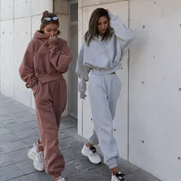 Womens Two Piece Calças Tracksuits Quente Hoodie e Set Oversized Sportwear Tracksuit Outono Inverno Ternos em Fleece para Mulheres Y2K 221129