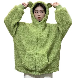 Women's Hoodies Sweatshirts Autumn Winter Women Avocado Color Zip-up Sweatshirt Kawaii Fleece Faux Fur Long Sleeve Hooded Teddy Bear Ears Soft 221129