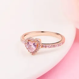 Rose Gold Plated Sparkling Pink Elevated Heart Ring Fit Pandora Jewelry Engagement Wedding Lovers Fashion Ring For Women