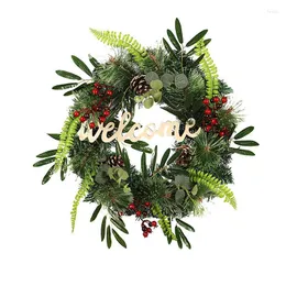 Flores decorativas Christmas Welcome Wreath para a Front Door Farmhouse Garland, fora da varanda do jardim, janela interna