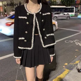 Wo Spring Vintage Black Double Breasted Tweed Cropped Jacket Women Korean Long Sleeve Fringe Coat Elegant Fashion Loose Outerwear