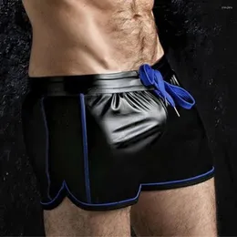 Underpants Männer Punk PU Leder Schlankes Motorradhose Einheitliche Farbe Plus Größe Soft Boxer Shorts Elastic Band Penis Beutel L - 3xl