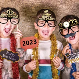 Party Decoration 2023 Happy New Year Paper Photo Booth Props Frame Glasses Set Eve Party Merry Christmas Decorations For Home Ornaments Xmas