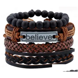 Charm Bracelets Mens Bracelet 100 Genuine Leather Believe Beading Rope Simple And Easy Adjustable 4 Styles 1 Set Drop Delivery Jewel Dhtyx