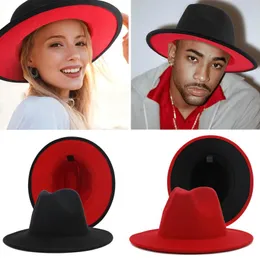 Berets 2022 Unisex Black Red Patchwork Wool Fedora Cap Men Women Flat Brim Blend Top Jazz Hats Panama Trilby Vintage Hat