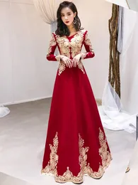 Ethnische Kleidung Chinesisches Cheongsam-Kleid 2022 Herbsthochzeit Verlobung V-Ausschnitt Dünnes langärmeliges Bankett