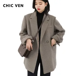 Mulheres de lã feminina chique ven outono inverno coreano feminino lã blazer algodão forro de jaqueta quente e quente casaco de cor sólida feminina mulher tops tops 221129