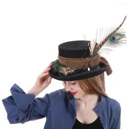 Basker topp 13,5 cm ull svarta kvinnor män steampunk hatt med handgjorda glasögon växel fjäder fedora cosplay