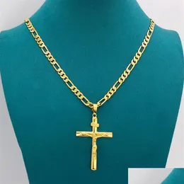 Hänge halsband riktiga 10k gul fast fint guld Jesus korsa Crucifix Charm Big Pendant 55x35mm Figaro Chain Necklace Drop Dhgarden DH9RORO