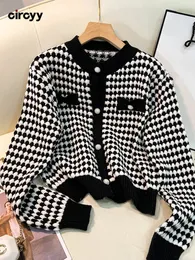 Wo Circyy Women Jacket Croped Coat Black White Argyle Plaid koreanska chic kläder fickor Fashion Patchwork Autumn Winter Winter