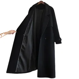 Women's Wool Blends Fall/Winter black woolen coat women's fashion loose belt temperament is thin casual wool trench Office Lady Long 221129