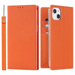 Rope Folio Genuine Lychee Grain Leather Phone Cases for iPhone 14 13 12 11 Pro Max Samsung Galaxy S22 Ultra S20 Plus S21 Multiple Card Slots Wallet Bracket Shell